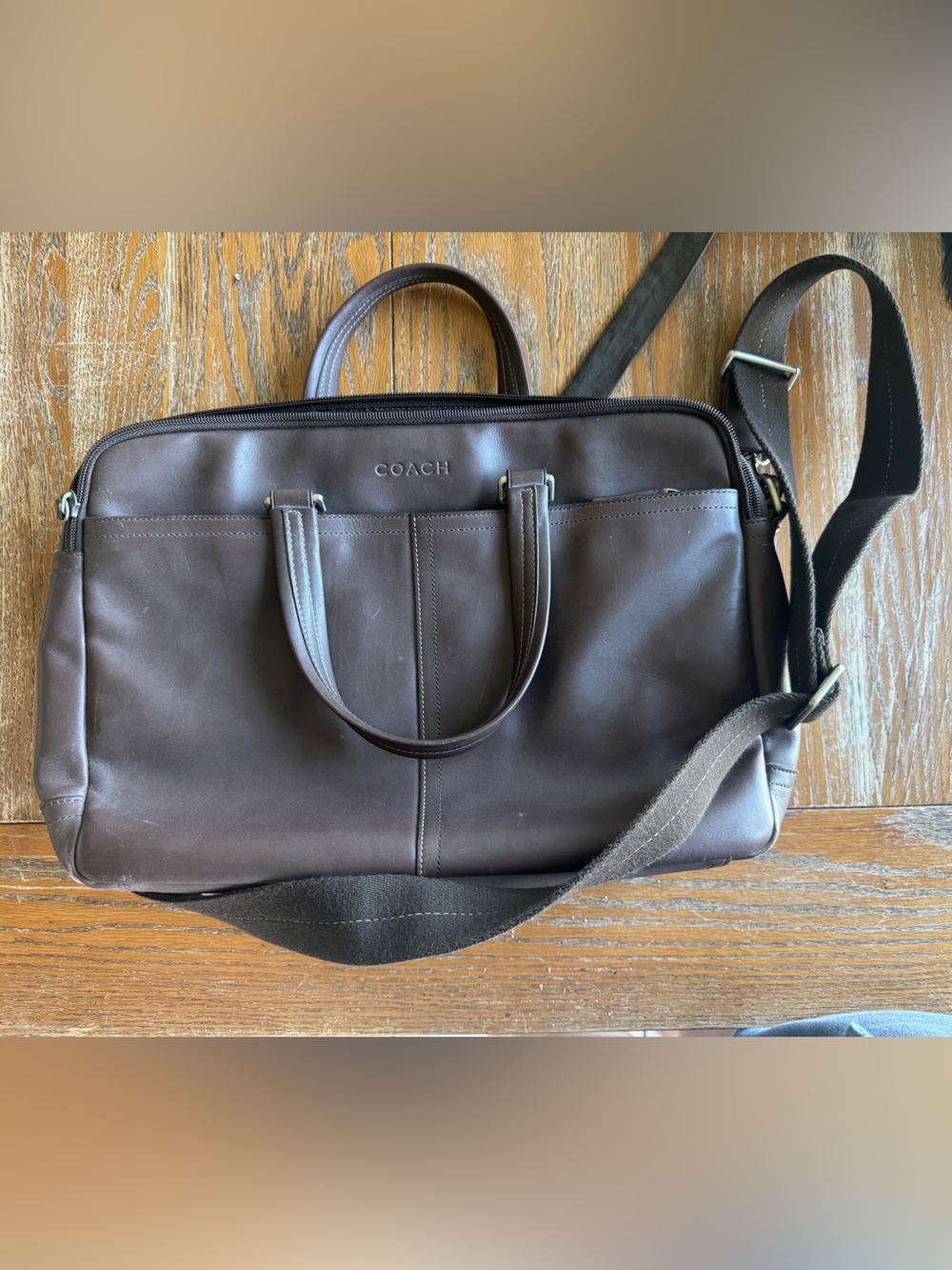 Coach Men's Dark Brown Leather Laptop Briefcase with Shoulder Strap